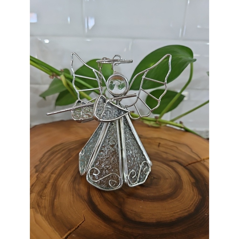 4" Tall Vintage Stained Glass Hanging Angel With Star Ornament